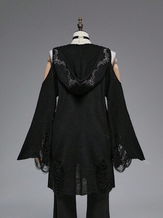 EDITION Sudadera con capucha de talla grande con bordado de murciélago rasgado en estilo gótico