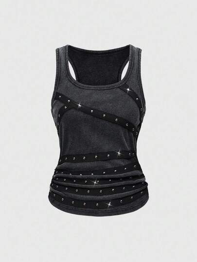 Grunge Punk Chaleco sin mangas y con espalda descubierta para mujer, color negro, con tachuelas, strass y decoración de cinta, adecuado para verano, playa, graduación, Pascua, conciertos, vacaciones en Nashville, festivales de música, rock