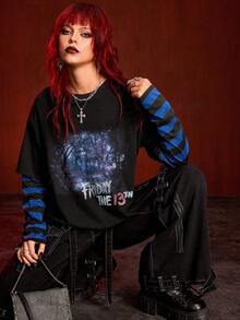 Friday the 13th X ROMWE Women's Casual Fashion Street Goth Style Letter & Tree Pattern Contrast Stripe 2-In-1 Loose T-Shirt, Spring/Autumn - Black - View 3