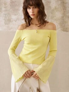 Cévolie 女式纯色露肩喇叭袖时尚毛衣，秋季 - 黃色 - 查看 1