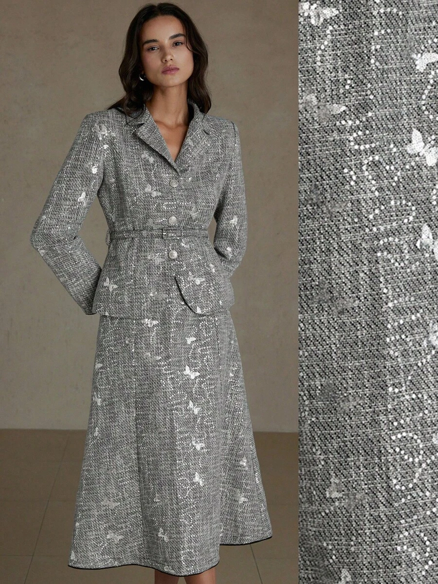 Aveloria Rosie Bộ 2 món áo khoác nữ đi làm đa năng và chân váy suông ôm dáng, chất vải tweed thêu họa tiết bướm sang trọng, thiết kế tinh tế - Đen và trắng - Xem 1