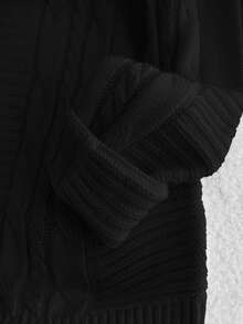 SHEIN TEENGIRL 黑色圆领宽松麻花针织毛衣，休闲学院风简约针织短款麻花针织毛衣短款毛衣 Y2k 毛衣长袖短款上衣黑色短款毛衣短款开衫少女服装 Y2k 青少年夏装毛衣短款针织上衣粗针织毛衣秋冬黑色针织上衣 - 黑色 - 查看 6