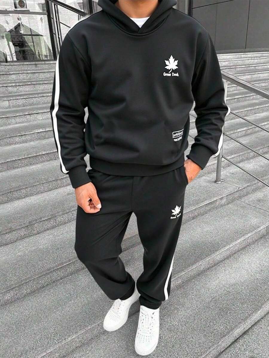 SHEIN 青少年男孩休闲街头标志刺绣舒适纯色连帽衫和运动裤套装，适合通勤、上学、日常休闲、度假、运动、派对、春夏季 - 黑色 - 查看 1