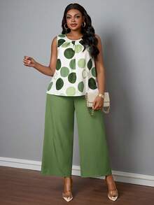 SHEIN PETITE CURVE 2 Stücke/Set Große Größen Rundhals Ärmelloses Top mit Rundumprint und farbige weite Hose - Grün - Übersicht 4