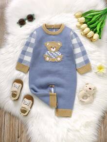 SHEIN 1pc Toddler Cute Grey-Blue Knitted Romper,Long Sleeve Plaid Teddy Bear Jacquard Jumpsuit,Baby Boy Autumn Clothes,Matching Family Winter Warm Outfits - Blue - View 8