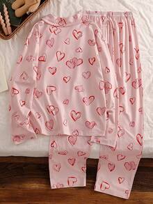 Teen Girl Pink Hand-Painted Heart Pattern Open Front Long Sleeve & Pants Soft Flame Retardant Fabric Casual Homewear Set