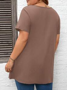 SHEIN CURVE+ Plus Size Casual Solid Color Short Sleeve T-Shirt, Summer - Camel - View 2