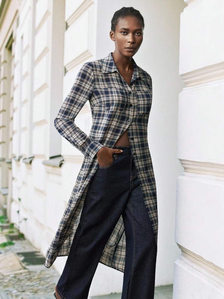 SHEIN Maija Chemise longue décontracté à manches longues, à carreaux, à simple boutonnage avec poche pour femmes