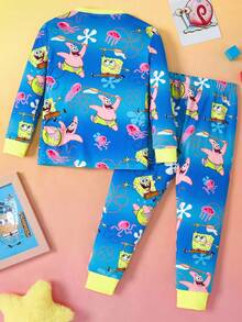 SpongeBob SquarePants | SHEIN 2pcs/Set Young Boy Ocean Pattern Round Neck Long Sleeve Top And Pants Knit Comfortable Casual Stretchy Pajama Set