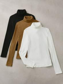 SHEIN LUNE 3 件套女式高领长袖紧身 T 恤，黑色、卡其色、白色，罗纹针织面料，百搭款式，适合日常、通勤和办公室穿着，秋冬季