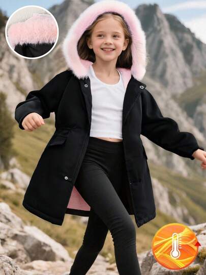 SHEIN 女童保暖内衬厚毛领长款拉链夹克，带口袋，时尚优雅经典外套，适合外出、舞会，舒适又时尚