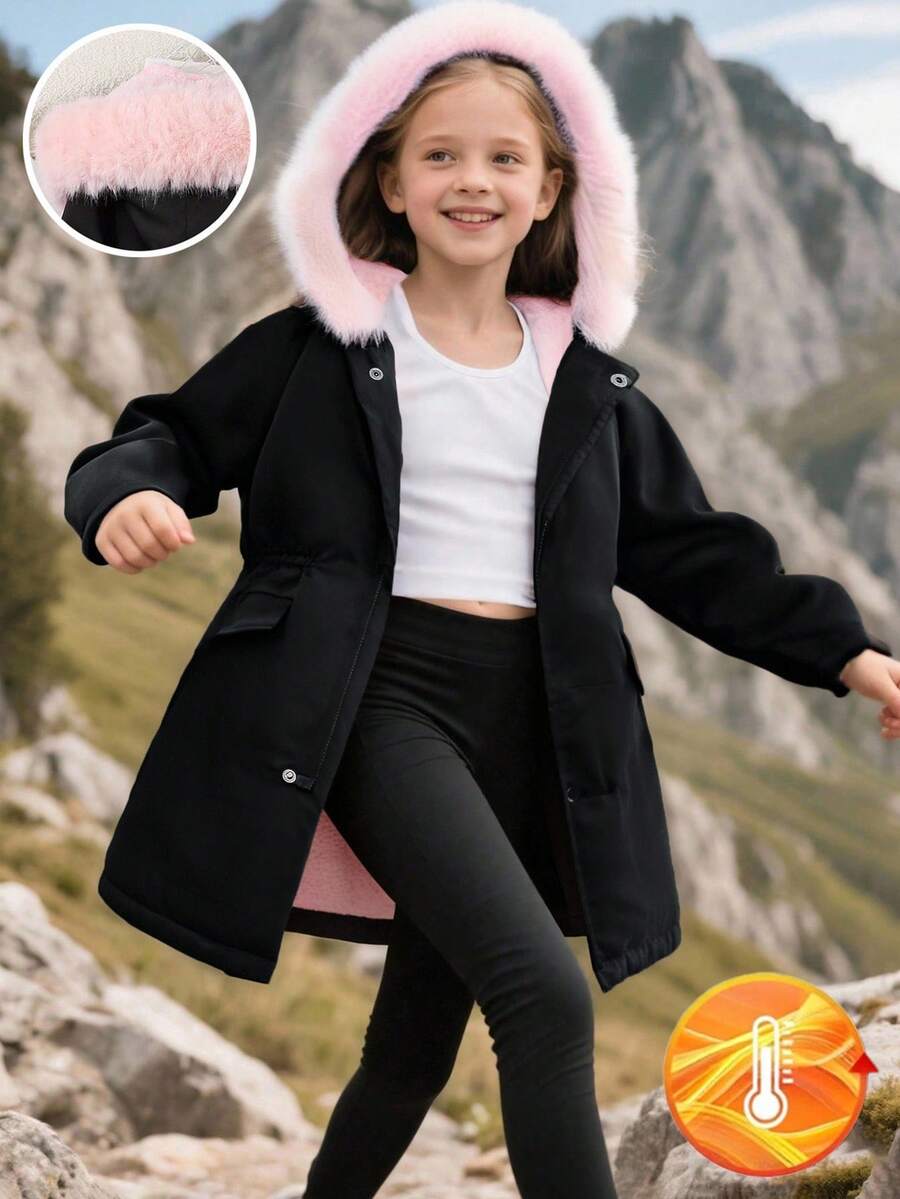 SHEIN 女童保暖内衬厚毛领长款拉链夹克，带口袋，时尚优雅经典外套，适合外出、舞会，舒适又时尚