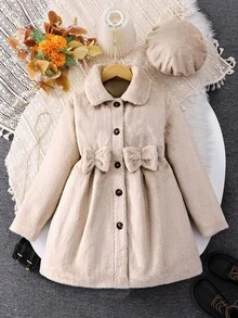 1pc Girls Fluffy Coat With Waist Belt, Bow Decor And Beret Hat, Sweet & Cute Plush Coat Suitable For Autumn/Winter Fall