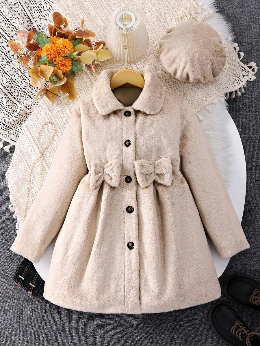 1pc Girls Fluffy Coat With Waist Belt, Bow Decor And Beret Hat, Sweet & Cute Plush Coat Suitable For Autumn/Winter Fall