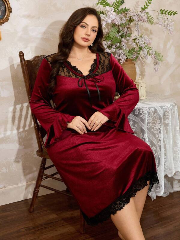 SHEIN Côtesoire Côtesoire Burgunderrotes Samt & Spitzenbesatz Rüschen Saum Große Größen Langarm Nachthemd