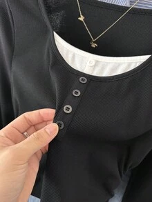 SHEIN 青少年女孩纯色罗纹撞色纽扣腰部褶皱针织弹力长袖圆领 T 恤，休闲、居家、返校季 - 黑色 - 查看 6
