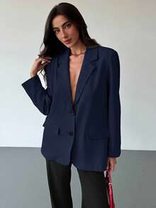 Aloruh Minimalist Commuting Gray Textured Oversized Long Sleeve Loose Blazer For Young Women In Fall/Winter - Navy Blue - View 6