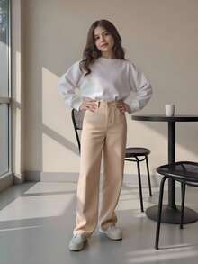 SHEIN 少女偏口直筒牛仔褲 - 卡其色 - 查看 6