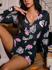 Women's Halloween Pattern Long Sleeve Romper Halloween Pajamas, Fall - Multicolor - View 5