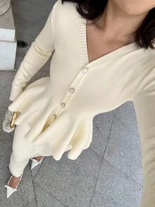 DAZY Women's Solid Color V-Neck Ruffle Trim Cardigan & Skirt 2 Pieces Knit Set, Autumn Fall - Beige - View 1