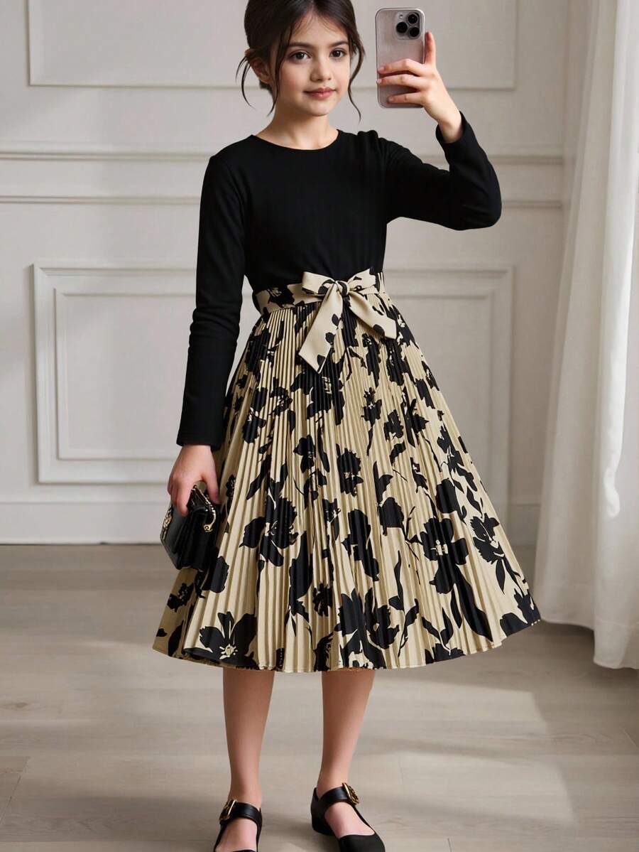 SHEIN 青少女拼色花卉圖案長袖連衣裙 - 黑色 - 查看 1