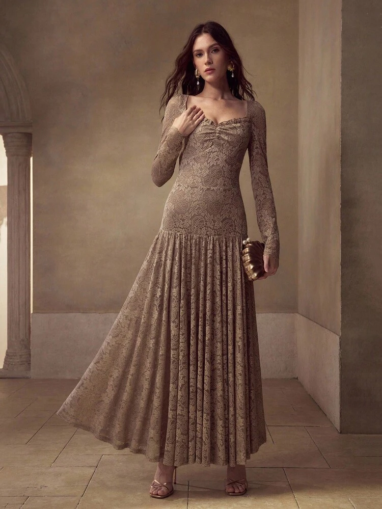 VESTIDO DE MUJER CON CUELLO DE CORAZÓN, VOLANTES DE ENCAJE, VESTIDO ELEGANTE Y ROMÁNTICO PARA DÍAS FESTIVOS