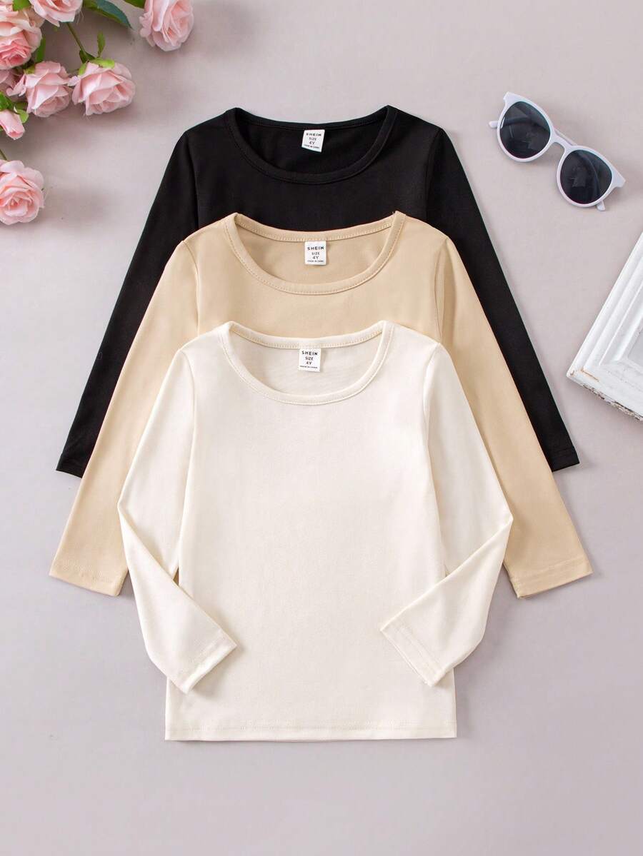 SHEIN Elladie kids Áo thun tay dài cổ tròn màu trơn dáng rộng thoải mái cho bé gái, thoải mái và thời trang, thích hợp khi đi du lịch, đen/trắng/xám, xuân/thu - Nhiều màu - Xem 1