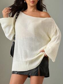 SHEIN Cottnline Plus Size Boat Neck Drop Shoulder Solid Color Sweater Dress - Beige - View 1