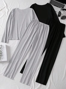 SHEIN 4 件套青少年男孩休闲装，包括灰色和黑色英文字母印花长袖上衣和裤子，舒适的家居服套装 - 彩色 - 查看 2