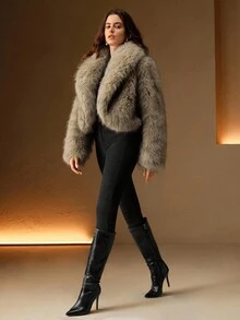 Anewsta Autumn/Winter Slimming Retro Khaki Short Faux Fur Women's Jacket - Khaki - View 10