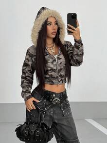 StreetHx American Baddie 迷彩连帽拉链卫衣，毛领短款夹克，秋冬 - 彩色 - 查看 6
