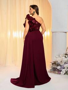 Glamrae Plus Size Beaded Patchwork Knit Fabric, Ruffle Hem, Sequin Decor, Green Asymmetric Shoulder Formal Evening Gown (Heavy Embellished) - Burgundy - View 3