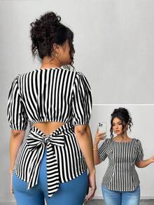 Elenzga Plus Size Casual Shirt With Unique Back Tie Design - Black and White - View 1