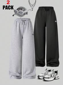 2 件套青少年女孩宽松休闲基本款印花裤，适合日常通勤、休闲、度假、聚会、街头摄影、所有季节 - 彩色 - 查看 1