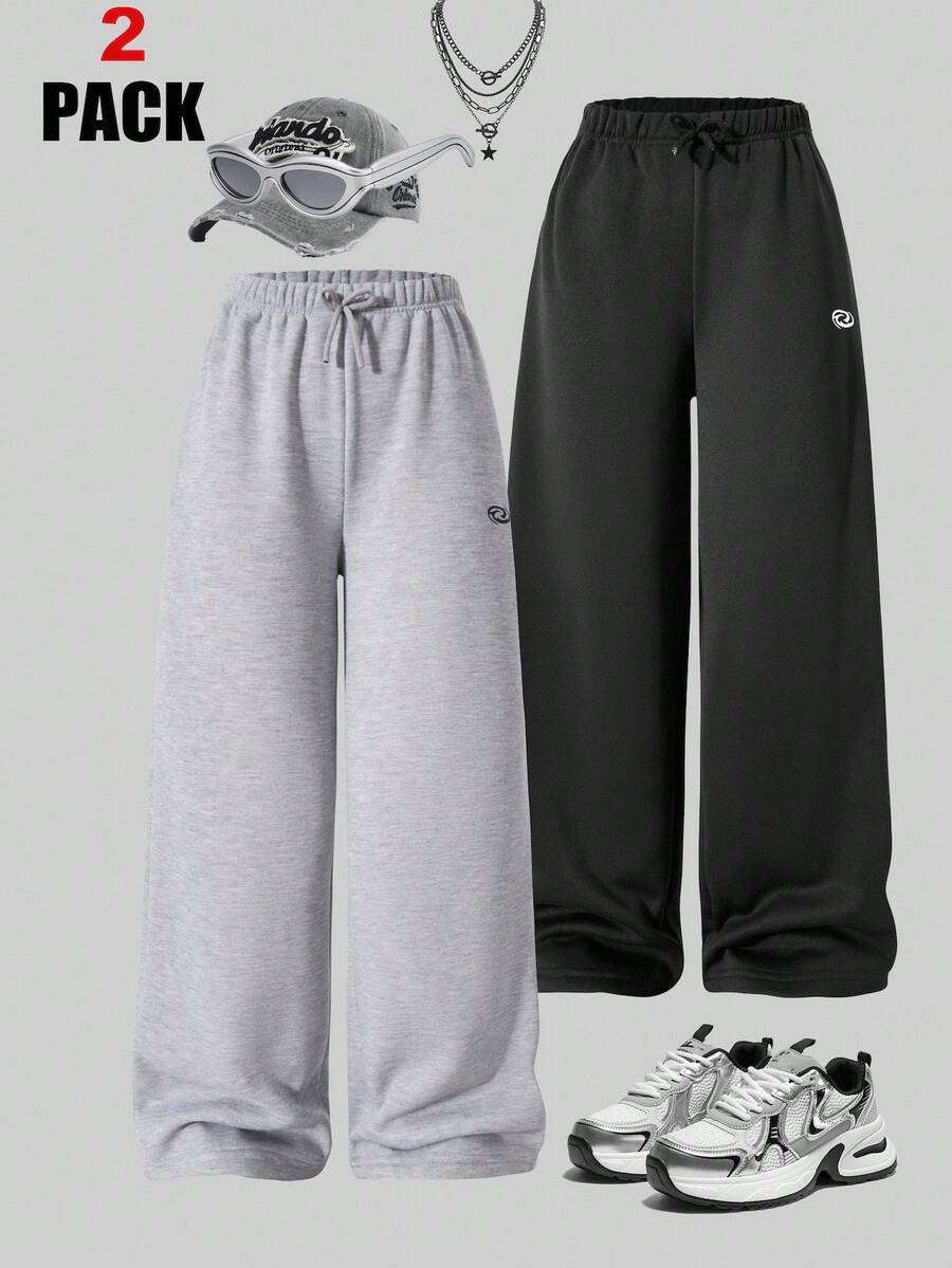 2 件套青少年女孩宽松休闲基本款印花裤，适合日常通勤、休闲、度假、聚会、街头摄影、所有季节 - 彩色 - 查看 1