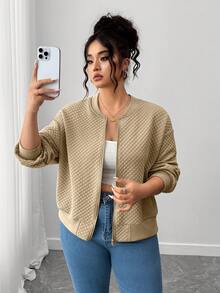 SHEIN PETITE CURVE Plus Size Casual Solid Color Jacket, Autumn/Winter Fall - Apricot - View 7