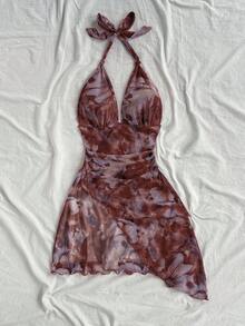 SHEIN Tall CURVE Plus Size Women Floral Print Ruched Asymmetric Hem Vacation Halter Dress - Brown - View 4