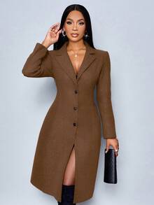 SOLERSUN 冬季女装优雅性感新年派对圣诞冬季夹克保暖长款妮子西装外套职业通勤收腰冬季夹克感恩节女装中长款外套 - 棕色 - 查看 4