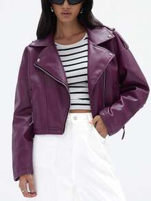 GENKIRA Retro Punk Style Cropped PU Leather Moto Jacket With Straps, Cool Design  - Purple - View 4