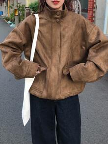 FRIFUL Áo khoác nữ vải da lộn màu nâu trơn cổ đứng vai trễ tay dài túi lớn viền trang trí rộng rãi thường ngày đa năng, mùa thu - Cà phê nâu - Xem 5