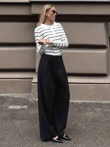 Pariaura Áo len chui đầu dệt kim kẻ sọc đen trắng tương phản, lớp lót bó sát dành cho nữ mùa thu/đông - Đen và trắng - Xem 3