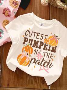 SHEIN Bộ 3 áo thun ngắn tay cổ tròn dễ thương cho bé gái Happikins màu trắng kem, hồng kem, đen với họa tiết nơ mùa thu, bí ngô và ma quỷ, thích hợp mặc ngoài trời, dạo phố, ở nhà, dự tiệc, đa năng cho mùa Halloween và thu. - Nhiều màu - Xem 3