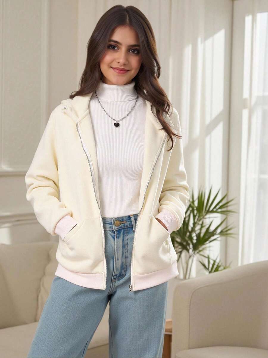 SHEIN Teenage Girls Sherpa Lined Hooded Jacket