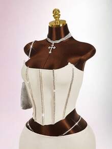 Amplova Conjunto de 2 piezas de top bandeau y minifalda decorados con rhinestones para tallas grandes