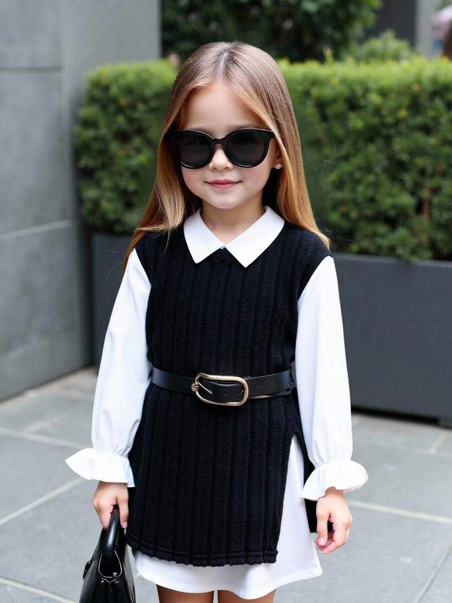 Baby Girls Autumn/Winter Cute Color Block 2 In 1 White Long Sleeve Dress Fall - Black - View 1