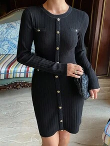 DAZY Vestido corto de manga larga con cuello redondo, bolsillo falso y ajustado, de unicolor. Vestido de suéter de estilo vintage elegante para mujeres, otoño/invierno