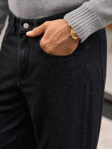 HIMLAND 男士休闲纯色中腰后袋刺绣牛仔裤 男士黑色正装裤 男士黑色休闲裤 男士宽松直筒休闲裤 黑色亚麻裤 - 黑色 - 查看 7