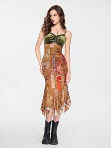 ROMWE Hippie Vintage Textured Color Block Ruched Velvet Dress For Women - Multicolor - View 6