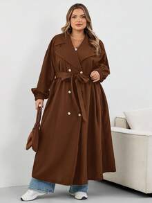 SHEIN CURVE+ 大码女式黑色长款风衣，黑色长袖简约休闲日常夹克大码风衣 8xl 女式外套 Curve 风衣大码秋季外套，女式秋季服装，女式秋季服装，冬季，CURVE PLUS - 棕色 - 查看 7