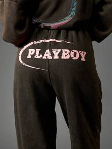 Missguided x Playboy Quần thể thao dáng rộng in logo và họa tiết cổ điển, chất liệu nỉ ấm áp, mặc thường ngày mùa đông, quần ống rộng có chun co giãn - màu đen - Xem 4
